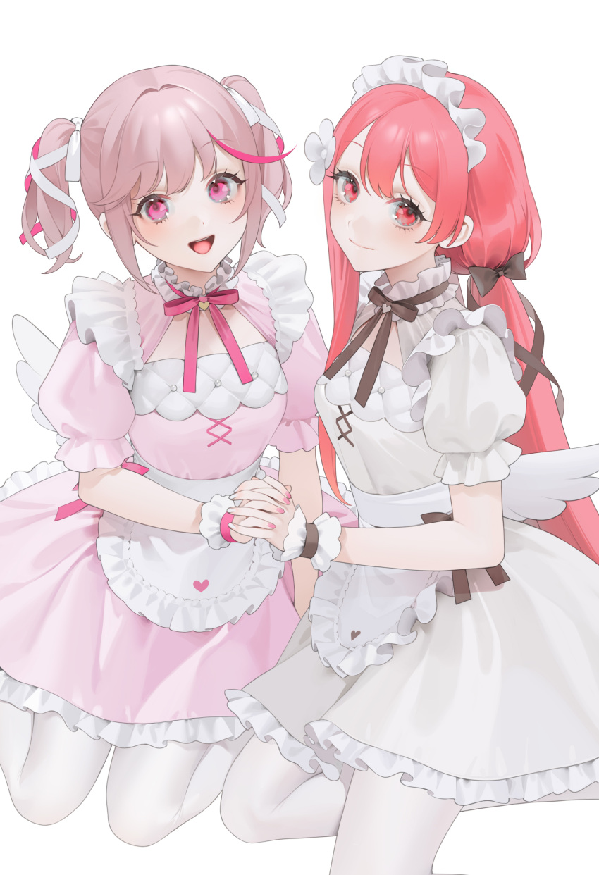 2girls :d absurdres apron bow brown_bow brown_hair brown_ribbon choker closed_mouth dress flower frilled_dress frills hair_bow hair_flower hair_intakes hair_ornament hair_ribbon heart_pritn highres holding_hands interlocked_fingers long_hair looking_at_viewer maid maid_headdress multiple_girls nail_polish ohisashiburi open_mouth original pantyhose pink_dress pink_eyes pink_hair pink_nails pink_ribbon puffy_short_sleeves puffy_sleeves red_eyes red_hair ribbon ribbon_choker short_sleeves smile teeth tress_ribbon twintails two-sided_ribbon upper_teeth_only waist_apron white_apron white_dress white_nails white_pantyhose white_ribbon wings