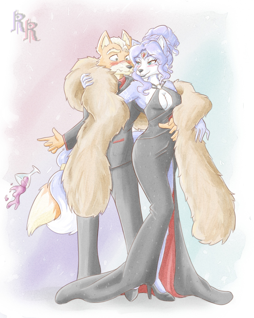 anthro black_tie_(suit) blonde_hair blue_body blue_fur blue_hair blush breasts canid canine canis clothed clothing container cup dress drinking_glass duo female flirting flustered fox fox_mccloud fur fur_scarf glass glass_container glass_cup gomerz22 hair hi_res krystal male male/female mammal nintendo seductive star_fox suit white_body white_fur wine_glass yellow_body yellow_fur