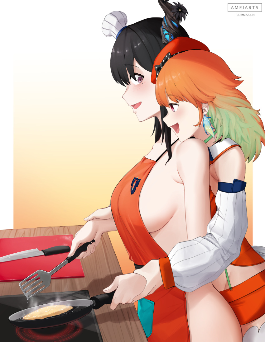 2girls :d absurdres ameiarts apron black_hair breasts chef_hat commission cooking counter detached_sleeves earrings english_commentary feather_earrings feathers from_side frying_pan hat highres holding holding_another's_wrist holding_spatula hololive hololive_english horns jewelry knife large_breasts mole mole_under_eye multiple_girls naked_apron nerissa_ravencroft open_mouth orange_hair pink_eyes purple_eyes sideboob smile spatula stove takanashi_kiara virtual_youtuber