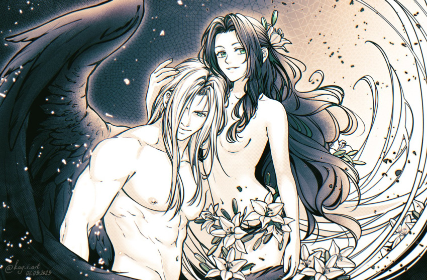 1boy 1girl aerith_gainsborough bangs breasts dated elena_ivlyushkina feathered_wings final_fantasy final_fantasy_vii final_fantasy_vii_remake flower hair_flower hair_ornament hand_in_another's_hair hetero light_smile lily_(flower) long_bangs long_hair looking_at_viewer medium_breasts muted_color navel nude parted_bangs parted_lips ponytail sephiroth sideboob sidelocks single_wing straight_hair toned toned_male topless topless_male twitter_username upper_body wavy_hair wings