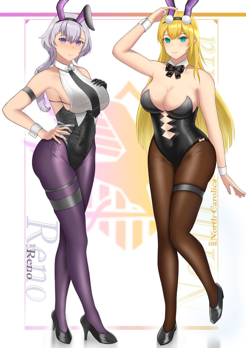 2girls absurdres animal_ears azur_lane black_bow black_bowtie black_footwear black_leotard black_necktie blonde_hair blue_eyes bow bowtie breasts brown_pantyhose character_name cleavage cuff_links detached_collar eagle_union_(emblem) elbow_gloves fake_animal_ears full_body gloves high_heels highres khanld193 large_breasts leotard leotard_under_clothes light_purple_hair long_hair looking_at_viewer multiple_girls necktie north_carolina_(azur_lane) north_carolina_(the_heart's_desire)_(azur_lane) official_alternate_costume pantyhose playboy_bunny purple_eyes purple_pantyhose rabbit_ears reno_(azur_lane) reno_(reno_bunnino)_(azur_lane) see-through see-through_shirt shoes simple_background single_elbow_glove strapless strapless_leotard thigh_strap white_bow white_bowtie wrist_cuffs