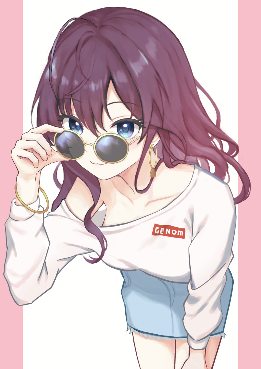 1girl :3 absurdres ahoge blue_eyes blush bracelet breasts collarbone denim denim_skirt hand_on_eyewear highres ichinose_shiki idolmaster idolmaster_cinderella_girls jewelry leaning_forward long_hair long_sleeves looking_at_viewer looking_over_eyewear medium_breasts mentholenhancer purple_hair round_eyewear single_bare_shoulder skirt smile solo sunglasses yellow-framed_eyewear