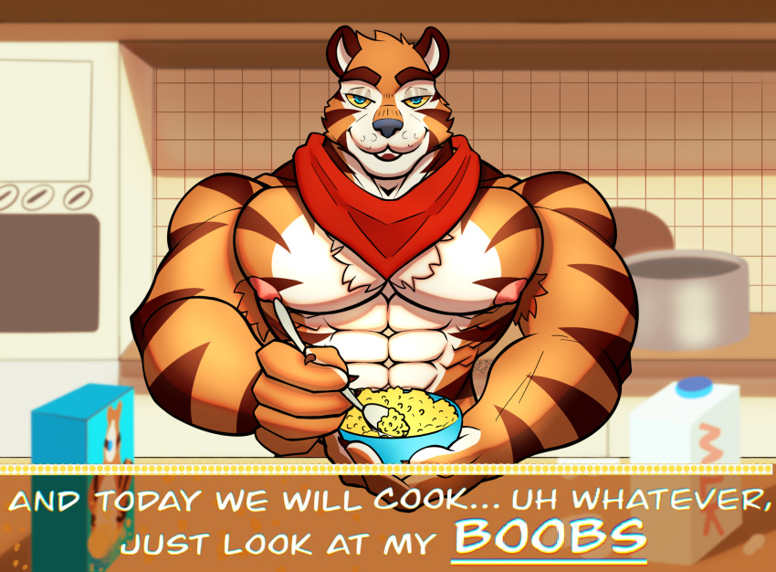 abs anthro appliance armpit_hair ascot black_nose blue_eyes body_hair bowl cabinet cereal container counters ears_up felid feline food frosted_flakes fur hair half-closed_eyes hi_res humanoid invalid_tag kellogg's kitchen kitchen_appliance male mammal mascot milk multicolored_body multicolored_fur muscular muscular_male narrowed_eyes neck neck_tuft nipples no_shirt oven pantherine pecs pot_(disambiguation) solo solo_focus stripes teeth tiger tile timreet tony_the_tiger tuft yellow_sclera