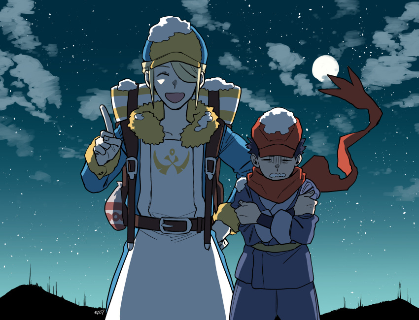 2boys blonde_hair commentary_request crossed_arms full_moon hair_over_one_eye hat highres male_focus moon multiple_boys night one_eye_covered outdoors pokemon pokemon_legends:_arceus red_scarf rei_(pokemon) scarf short_hair smile snow star_(sky) trembling volo_(pokemon) yc157_ar