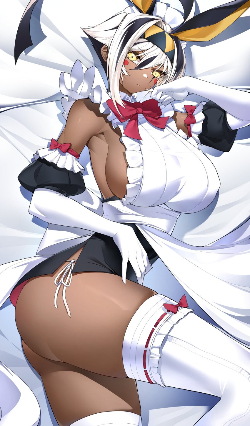 1girl absurdres animal_ears apron ass black_hair breasts casul dark-skinned_female dark_skin dress elbow_gloves fate/grand_order fate_(series) frilled_dress frills gloves highres jackal_ears large_breasts looking_at_viewer maid maid_apron maid_headdress multicolored_hair nitocris_(fate) nitocris_alter_(fate) short_hair sideboob solo thighhighs thighs white_hair yellow_eyes