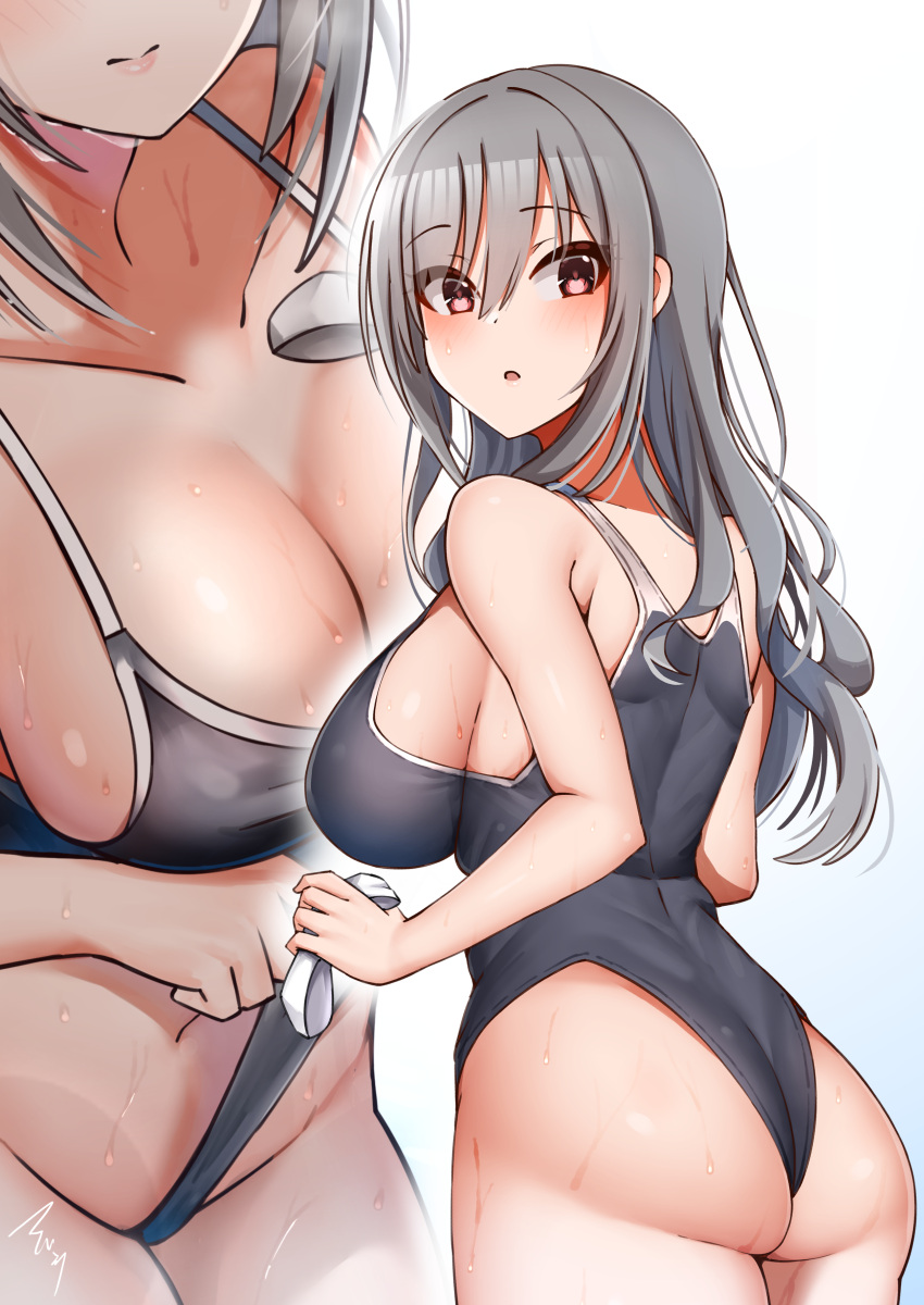 1girl absurdres ass bare_shoulders blush breasts cleavage collarbone grey_hair highres idolmaster idolmaster_cinderella_girls kanzaki_ranko long_hair mabanna medium_breasts navel red_eyes school_swimsuit sideboob signature solo swim_cap_removed swimsuit thighs wet white_swimcap