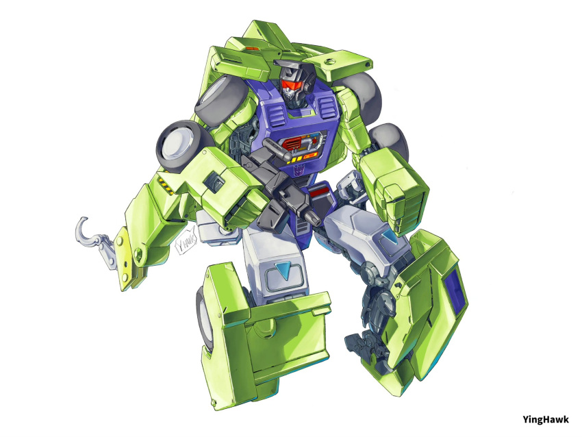 artist_name crane_(machine) decepticon english_commentary frown full_body gun highres holding holding_gun holding_weapon hook_(transformers) looking_to_the_side mecha robot solo transformers weapon wheel white_background yinghawk