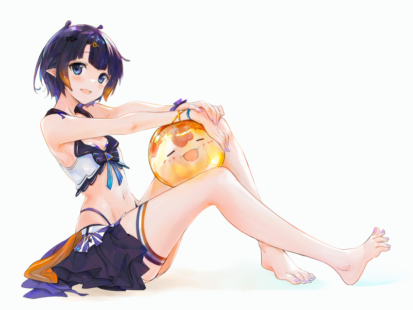 1girl :d ball barefoot beachball bikini bikini_skirt blue_eyes blush bow breasts character_print extra_ears feet food full_body gradient_hair hair_ornament highres hololive hololive_english hololive_summer_2023_swimsuit knees_up legs long_legs looking_at_viewer mole mole_under_eye multicolored_hair nail_polish ninomae_ina'nis official_alternate_hairstyle open_mouth orange_hair parted_bangs pointy_ears purple_hair purple_nails short_hair sidelocks simple_background sitting small_breasts smile solo spread_toes swimsuit takodachi_(ninomae_ina'nis) takoyaki tallgeese_(lgeesel) tentacle_hair toenail_polish toenails toes white_background