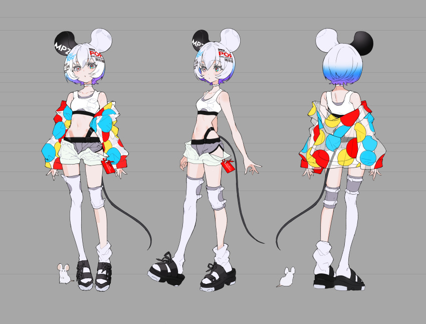 1girl animal animal_ears bare_shoulders black_footwear blue_hair breasts closed_mouth gradient_hair grey_background grey_eyes grey_hair grey_shorts hair_between_eyes highres jacket long_sleeves loose_socks medium_breasts mika_pikazo mouse mouse_ears mouse_girl mouse_tail multicolored_hair multiple_views off_shoulder open_clothes open_fly open_jacket open_shorts original puffy_long_sleeves puffy_sleeves purple_hair sandals see-through short_shorts shorts shorts_under_shorts simple_background single_sock single_thighhigh sleeves_past_wrists socks tail thighhighs white_shorts white_socks white_thighhighs