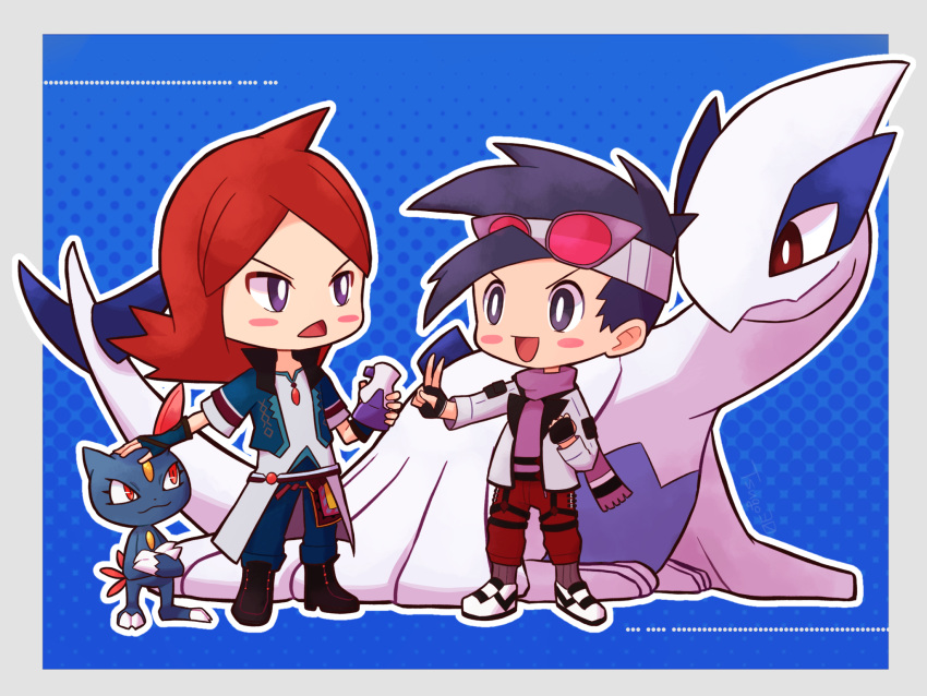 2boys alternate_color blue_background blush_stickers chibi claws commentary_request ethan_(pokemon) ethan_(sygna_suit)_(pokemon) fingerless_gloves gloves goggles goggles_on_head highres looking_at_another lugia male_focus multiple_boys official_alternate_costume outline pokemon pokemon_(game) pokemon_masters_ex potion_(pokemon) purple_eyes red_eyes red_hair scarf silver_(pokemon) silver_(sygna_suit)_(pokemon) smile sneasel tail tsugomori_(sprn303) v-shaped_eyebrows white_outline