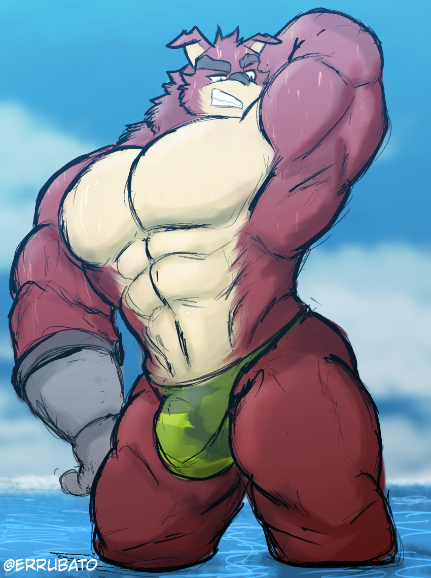 activision anthro balls bulge clothing crash_bandicoot_(series) crunch_bandicoot errubato_(artist) fur genitals hi_res male muscular solo summer thong underwear water wet