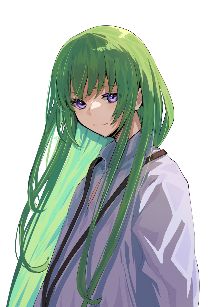 1other androgynous enkidu_(fate) fate/grand_order fate/strange_fake fate_(series) green_hair grey_hair highres long_hair long_sleeves looking_at_viewer other_focus purple_eyes robe shirt smile solo white_robe white_shirt yadayada