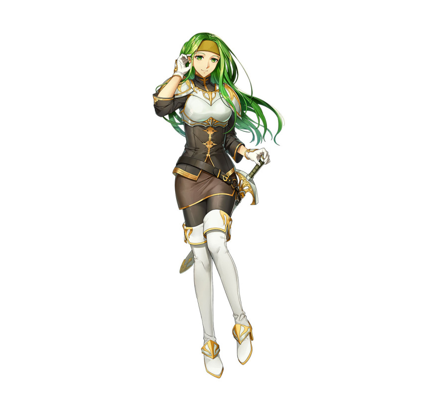 1girl adjusting_hair armor belt boots breastplate breasts dress fire_emblem fire_emblem:_the_sacred_stones fire_emblem_heroes gloves green_eyes green_hair headband high_heel_boots high_heels long_hair looking_at_viewer medium_breasts official_art orange_headband pantyhose pencil_dress sheath sheathed smile solo sword syrene_(fire_emblem) thigh_boots weapon white_background white_footwear white_gloves