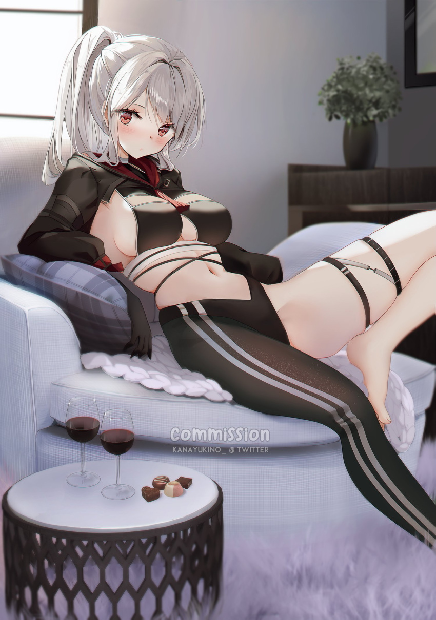 1girl alcohol asymmetrical_legwear black_bra black_jacket blush bra breasts chocolate coffee_table couch cropped_jacket cup drinking_glass hair_intakes highres jacket kana_yukino long_hair looking_at_viewer midriff navel necktie on_couch original pillow red_eyes red_necktie sidelocks single_leg_pantyhose sitting solo table thigh_strap underwear uneven_legwear white_hair wine wine_glass