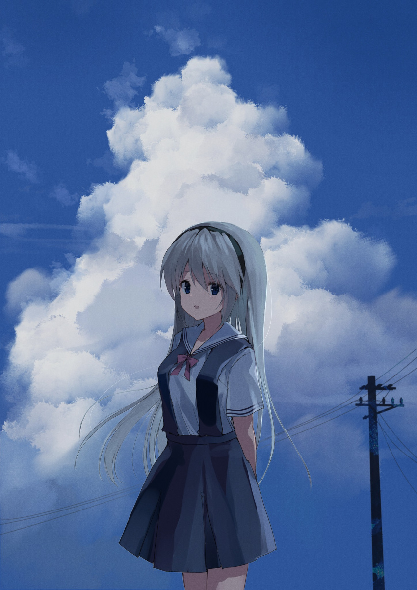 1girl blue_eyes clannad cloud_background grey_hair hairband highres hikarizaka_private_high_school_uniform long_hair sakagami_tomoyo school_uniform skirt sky_background solo takepoison utility_pole