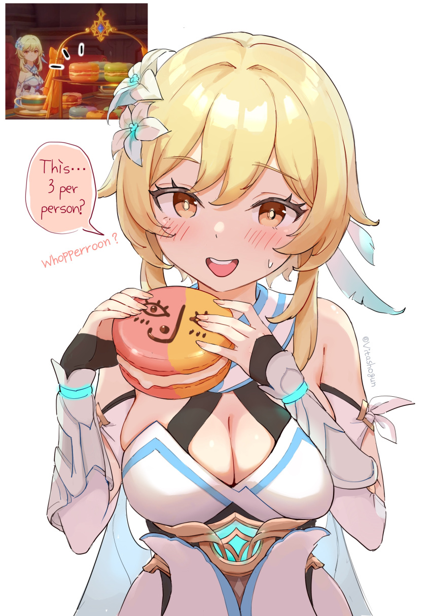 1girl absurdres blonde_hair blush breasts cleavage dress english_text feather_hair_ornament feathers flower food genshin_impact gloves hair_flower hair_ornament hands_up highres holding holding_food large_breasts lumine_(genshin_impact) macaron open_mouth partially_fingerless_gloves scar short_hair short_hair_with_long_locks sidelocks simple_background solo sweat twitter_username vision_(genshin_impact) vitashogun white_background white_dress white_flower yellow_eyes