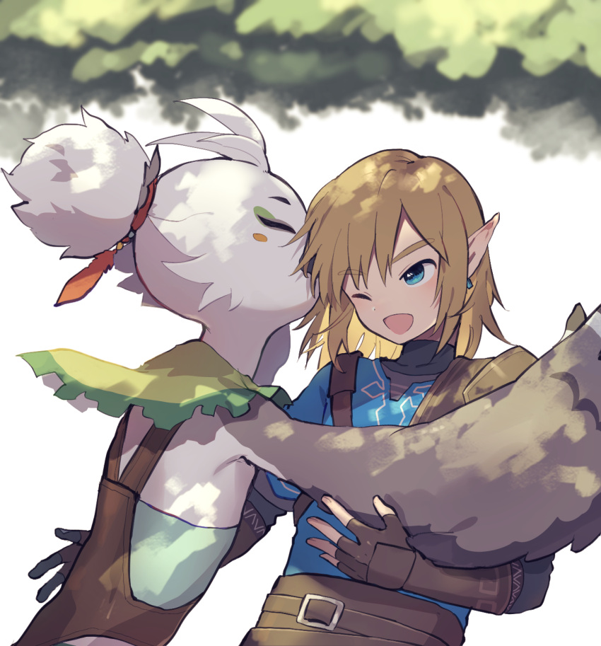 2boys beak bird_boy blonde_hair closed_eyes fingerless_gloves furry furry_male gloves highres hug link multiple_boys one_eye_closed pointy_ears rito smile tere the_legend_of_zelda the_legend_of_zelda:_tears_of_the_kingdom tulin_(zelda) upper_body winged_arms wings