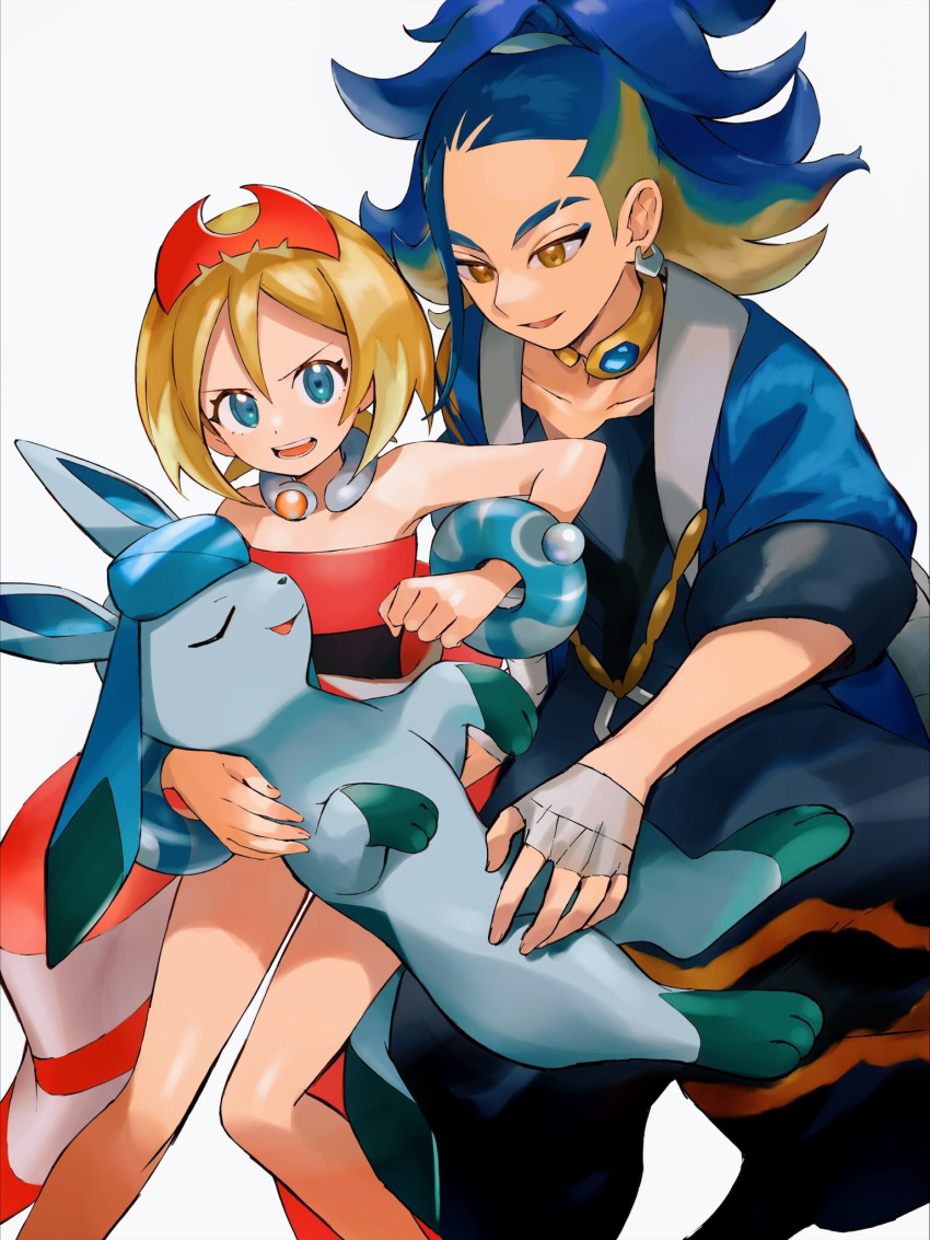 1boy 1girl adaman_(pokemon) aqua_eyes bare_legs blonde_hair blue_coat blue_hair bracelet brown_eyes coat collar collarbone commentary_request earrings eyebrow_cut eyelashes glaceon hairband hand_wraps highres irida_(pokemon) jewelry looking_down open_mouth orange_mikan pokemon pokemon_(creature) pokemon_(game) pokemon_legends:_arceus ponytail shirt smile strapless strapless_shirt teeth tongue waist_cape