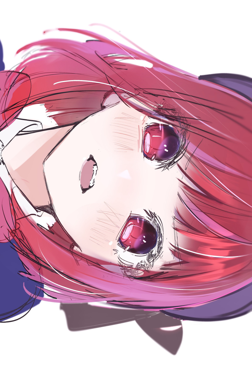 1girl absurdres arima_kana blue_headwear blush bow collared_shirt commentary highres nept_o open_mouth oshi_no_ko pink_bow red_eyes red_hair school_uniform shirt short_hair sideways simple_background solo teeth white_background