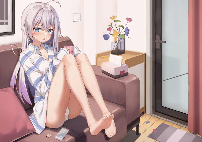 1girl :&lt; absurdres ahoge ass barefoot blue_eyes blue_flower blush breasts cellphone cleavage coffee_mug collarbone collared_shirt couch cup curtains flower full_body glass_door gradient_hair hair_between_eyes highres holding holding_cup indoors kakakaka_(pc98times) knees_up legs_together light_switch long_hair long_shirt looking_at_viewer medium_breasts mug multicolored_hair nightstand no_pants open_collar original own_hands_together panties pantyshot phone pillow purple_hair raised_eyebrows red_flower rug shadow shirt sidelocks sitting sleeves_past_wrists smartphone solo striped striped_shirt thighs tissue_box underwear vase white_hair white_panties white_shirt wing_collar wooden_floor