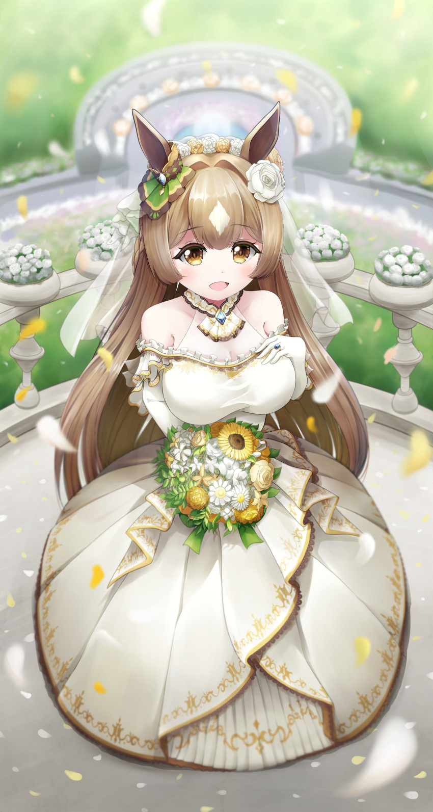 absurdres blurry blurry_background blush breasts bridal_veil bride brown_eyes brown_hair collarbone detached_sleeves drawing_rak dress flower hair_between_eyes hair_flower hair_ornament highres horse_girl jewelry large_breasts looking_at_viewer open_mouth petals ring satono_diamond_(umamusume) standing umamusume veil wedding wedding_dress wedding_ring