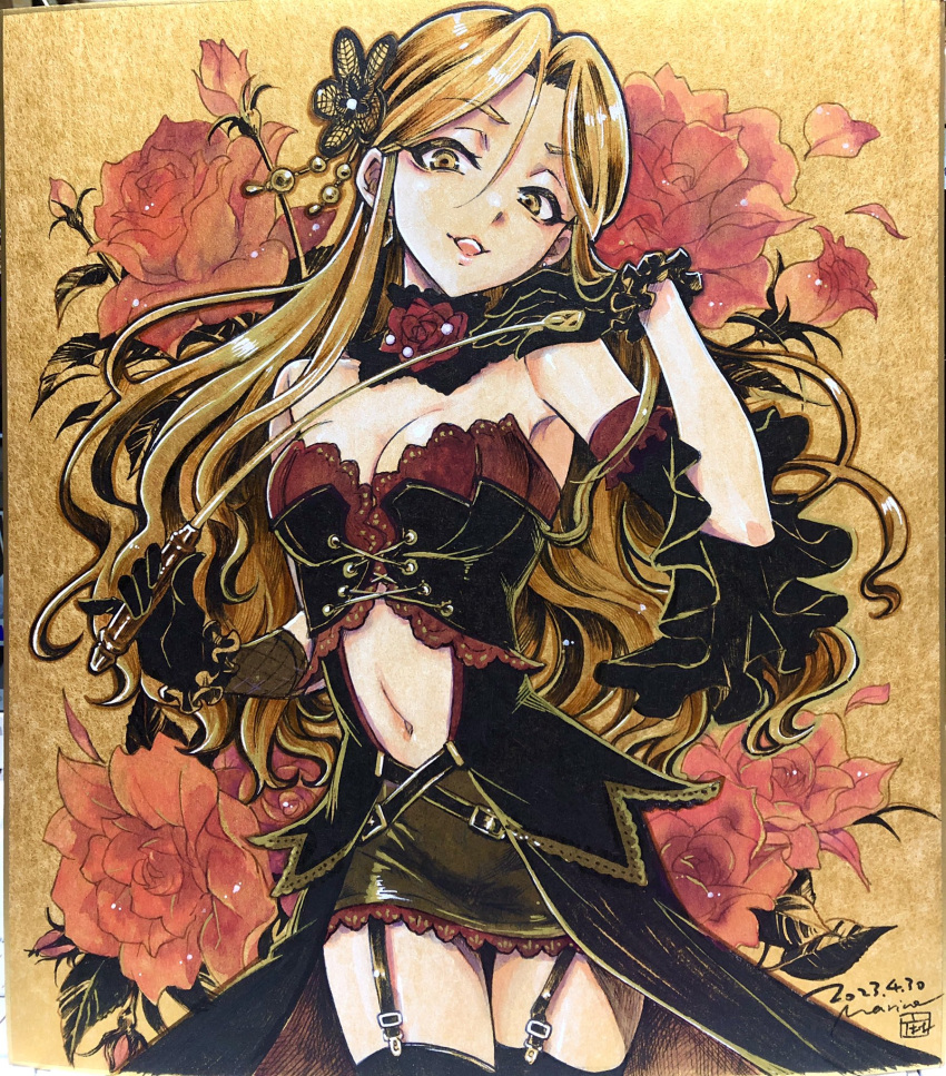 1girl bare_shoulders black_dress black_gloves black_thighhighs breasts brown_eyes brown_hair cleavage clothing_cutout commentary_request cowboy_shot detached_collar detached_sleeves dress earrings flower garter_straps gloves hair_flower hair_ornament highres holding_riding_crop idolmaster idolmaster_cinderella_girls jewelry long_hair looking_at_viewer marine_(confeitokobo) medium_breasts navel navel_cutout open_mouth photo_(medium) riding_crop rose smile solo strapless strapless_dress thighhighs traditional_media wavy_hair zaizen_tokiko