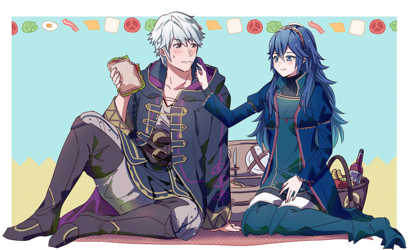 1boy 1girl alternate_costume ameno_(a_meno0) basket black_robe blue_dress blue_eyes blue_footwear blue_hair blush boots brown_eyes brown_footwear closed_mouth commentary_request dress eating fire_emblem fire_emblem_awakening food food_on_face grey_pants grey_shirt holding holding_food hood hood_down hooded_robe juliet_sleeves long_hair long_sleeves looking_at_another lucina_(fire_emblem) pants picnic picnic_basket puffy_sleeves robe robin_(fire_emblem) robin_(male)_(fire_emblem) sandwich shirt short_hair sitting smile sweatdrop white_hair