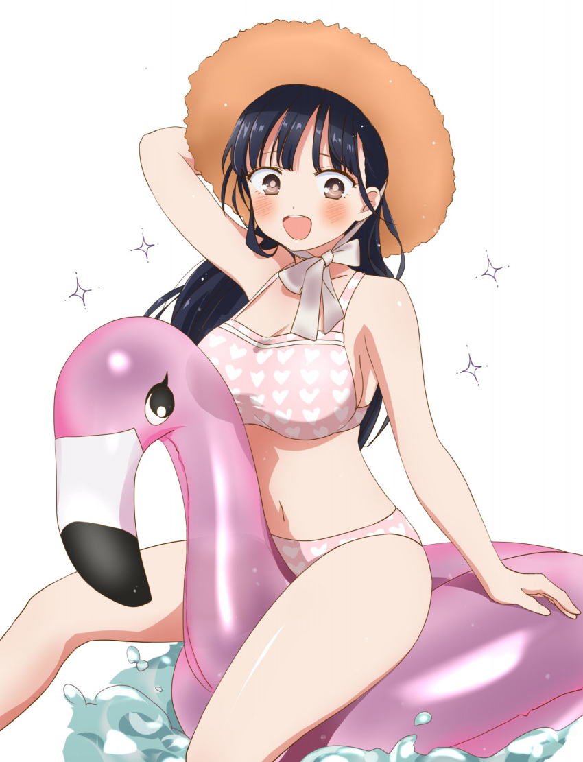 1girl :d arm_up bikini black_hair boku_no_kokoro_no_yabai_yatsu brown_eyes commentary_request hat heart heart_print highres inflatable_flamingo komatsu_(sakanae) long_hair navel open_mouth pink_bikini smile solo sparkle sun_hat swimsuit water yamada_anna