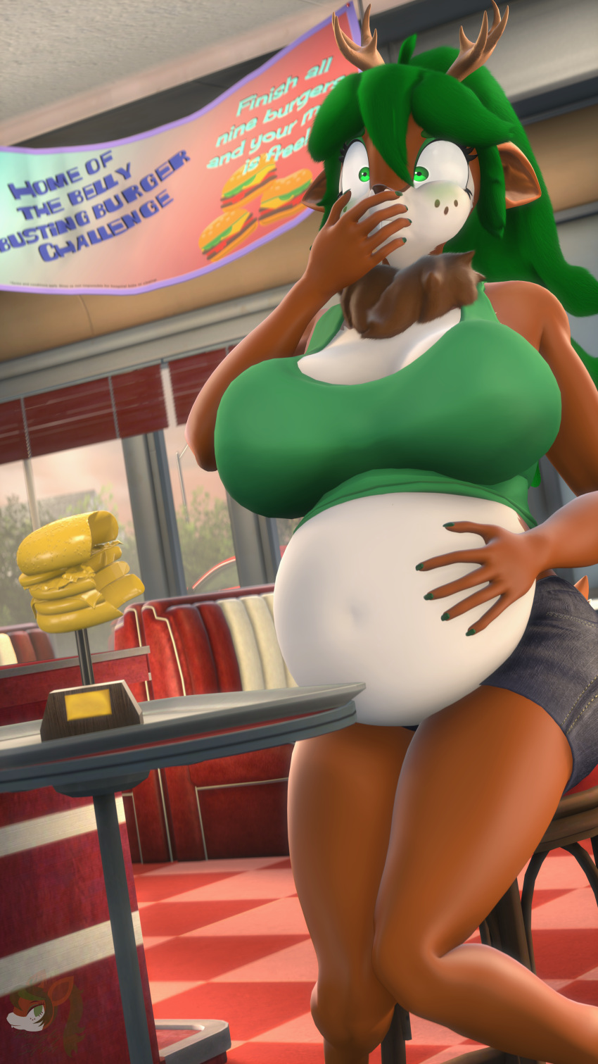 3d_(artwork) 4k 9:16 absurd_res anthro antlers belly big_belly big_breasts bloated breasts buckteeth burger deer digital_media_(artwork) diner donglysfm female food green_hair hair hi_res horn imminent_regret mammal mature_female neck_tuft restaurant revamped_anthros solo source_filmmaker stuffing tea_tree_(donglysfm) teeth tuft