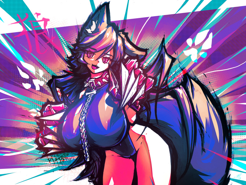 1girl :3 absurdres animal_ear_fluff animal_ears blue_hair bone breasts cameltoe chain claw_pose claws collar collarbone crosshatching dog_ears dog_girl floofsmear fluffy fox_tail hair_between_eyes hatching_(texture) highres large_breasts leotard long_hair looking_at_viewer mechanical_hands mechanical_parts mixed_media open_mouth original pawpads red_collar red_eyes smile smug solo spiked_collar spikes tail thick_outlines thick_thighs thighs traditional_media very_long_hair wide_hips wolf_ears wolf_girl