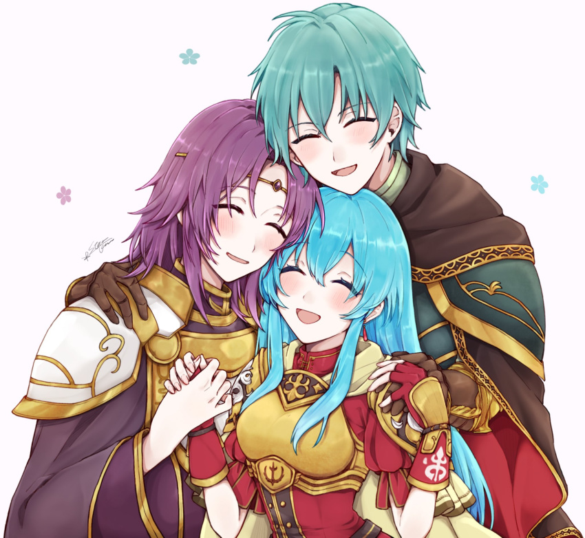 1girl 2boys aqua_hair armor blue_hair blush breastplate breasts brother_and_sister brown_cape brown_gloves cape circlet closed_eyes commentary_request eirika_(fire_emblem) ephraim_(fire_emblem) fingerless_gloves fire_emblem fire_emblem:_the_sacred_stones fleur-de-lis flower gloves gold_trim hair_between_eyes hand_on_another's_shoulder happy highres holding_hands hug hug_from_behind long_hair lyon_(fire_emblem) medium_breasts misato_hao multiple_boys open_mouth pauldrons peaceful purple_hair purple_tunic red_cape red_gloves red_shirt shirt short_hair short_sleeves shoulder_armor siblings sidelocks simple_background smile twins two-tone_cape upper_body very_long_hair white_background wide_sleeves yellow_cape