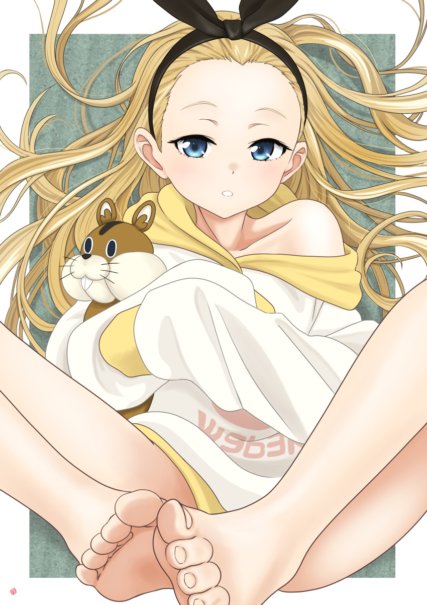 1girl absurdres bare_legs barefoot black_hairband blonde_hair blue_eyes collarbone commentary_request expressionless feet foot_focus forehead from_above hair_spread_out hairband highres holding holding_stuffed_toy hood hoodie kurumi_(lycoris_recoil) legs_up light_blush long_hair looking_at_viewer lycoris_recoil lying nao_suke on_back parted_lips petite single_bare_shoulder solo stuffed_toy teeth toenails toes very_long_hair white_hoodie