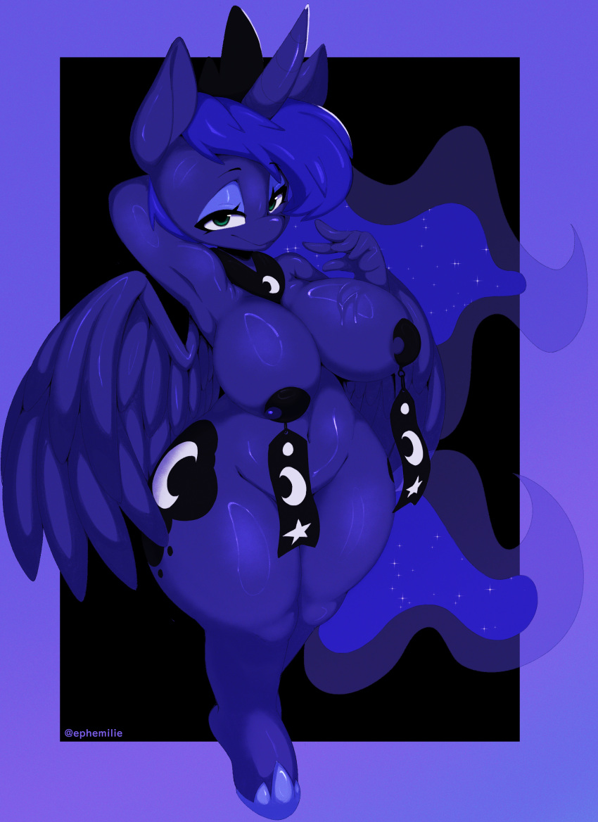 absurd_res anthro big_breasts blue_body blue_hair breasts butt cutie_mark digital_media_(artwork) ephemilie equid equine feathered_wings feathers female friendship_is_magic hair hasbro hi_res horn looking_at_viewer mammal my_little_pony nipples nude princess_luna_(mlp) solo winged_unicorn wings