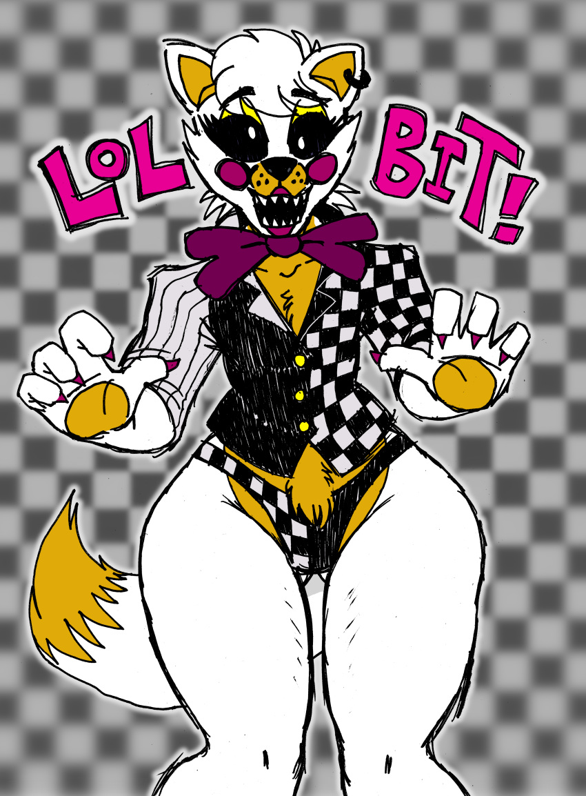 absurd_res canid canine clothing derp_eyes five_nights_at_freddy's five_nights_at_freddy's_world fox hi_res lolbit_(fnaf) mammal nonbinary_(lore) panties scottgames solo underwear