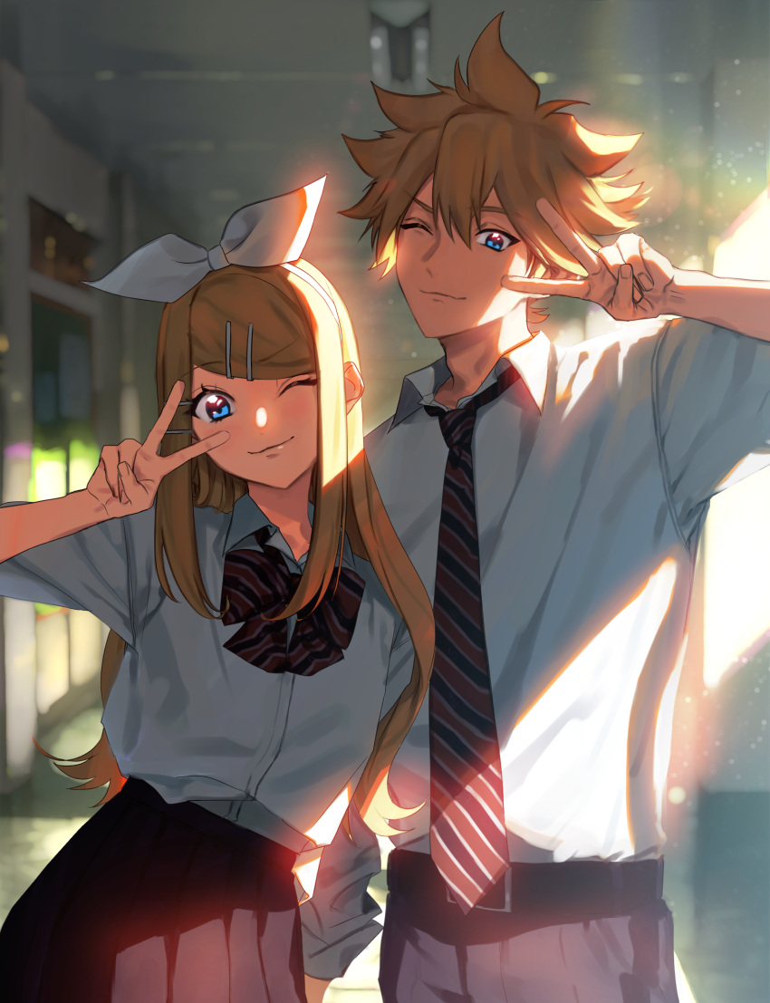 1boy 1girl aged_up blonde_hair blue_eyes blurry blurry_background bow bowtie bright_pupils diagonal-striped_bow diagonal-striped_bowtie diagonal-striped_necktie diagonal_stripes hair_bow highres indoors kagamine_len kagamine_rin light_particles light_rays multiple_hairpins necktie one_eye_closed pleated_skirt school school_uniform short_hair sidelighting skirt smile spiked_hair striped sunlight tetorutti35 upper_body v v_over_eye vocaloid