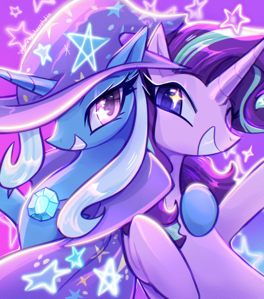 blue_body blue_eyes blue_hair cape clothing digital_media_(artwork) duo equid equine eyelashes female feral friendship_is_magic hair hasbro hat headgear headwear hi_res horn mammal my_little_pony one_eye_closed pink_body pink_eyes purple_hair qwennondeathdie signature smile starlight_glimmer_(mlp) trixie_(mlp) unicorn unicorn_horn wizard_hat