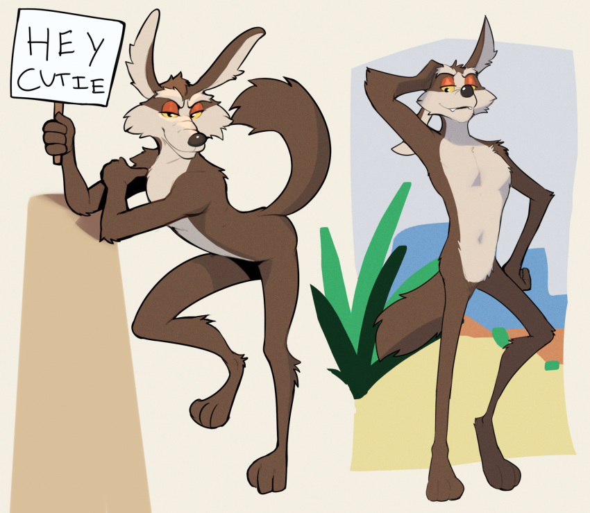 anthro bent_over canid canine canis coyote digitigrade featureless_crotch hand_on_head hi_res jrjresq long_ears looney_tunes male mammal nude seductive sign slim solo standing warner_brothers wile_e._coyote