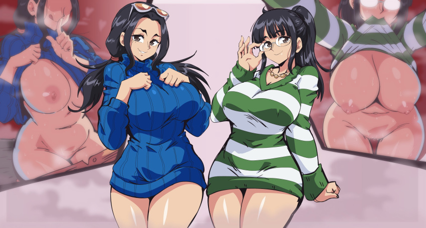 1girl black_eyes black_hair blue_sweater blunt_bangs breasts clothes_lift eyewear_on_head glasses green_sweater highres jewelry large_breasts lewdamone long_hair multicolored_sweater navel necklace nico_robin nipples official_alternate_costume one_piece one_piece:_strong_world one_piece_film:_z ponytail red-tinted_eyewear solo striped striped_sweater sunglasses sweater sweater_lift thick_thighs thighs tinted_eyewear tongue tongue_out twintails white_sweater