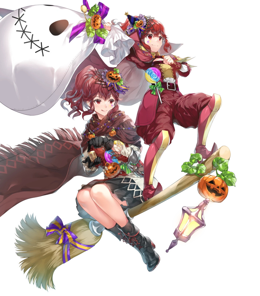 2girls ankle_boots anna_(fire_emblem) belt boots broom broom_riding cape closed_mouth detached_sleeves fire_emblem fire_emblem_awakening fire_emblem_engage fire_emblem_heroes gloves gold hair_ornament hat highres holding jack-o'-lantern knee_boots lantern long_hair long_sleeves mini_party_hat miwabe_sakura multiple_girls non-web_source official_alternate_costume official_art pants party_hat pointy_footwear ponytail pumpkin red_eyes red_hair ribbon sack siblings side_ponytail sidelocks sisters skirt star_(symbol) star_tattoo tattoo tongue tongue_out transparent_background