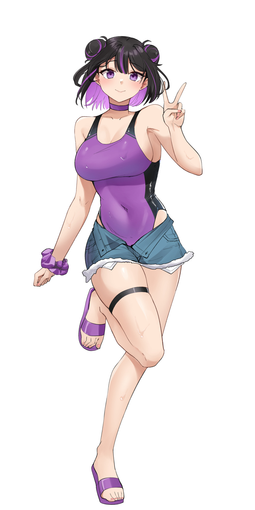 1girl absurdres bare_arms bare_legs bare_shoulders black_hair breasts choker cleavage colored_inner_hair covered_navel cutoffs denim denim_shorts double_bun flip-flops full_body hair_bun hand_up highres large_breasts looking_at_viewer multicolored_hair open_fly original pinnn purple_choker purple_eyes purple_hair purple_scrunchie sandals scrunchie short_hair shorts simple_background smile solo standing standing_on_one_leg thigh_strap thighs v white_background wrist_scrunchie