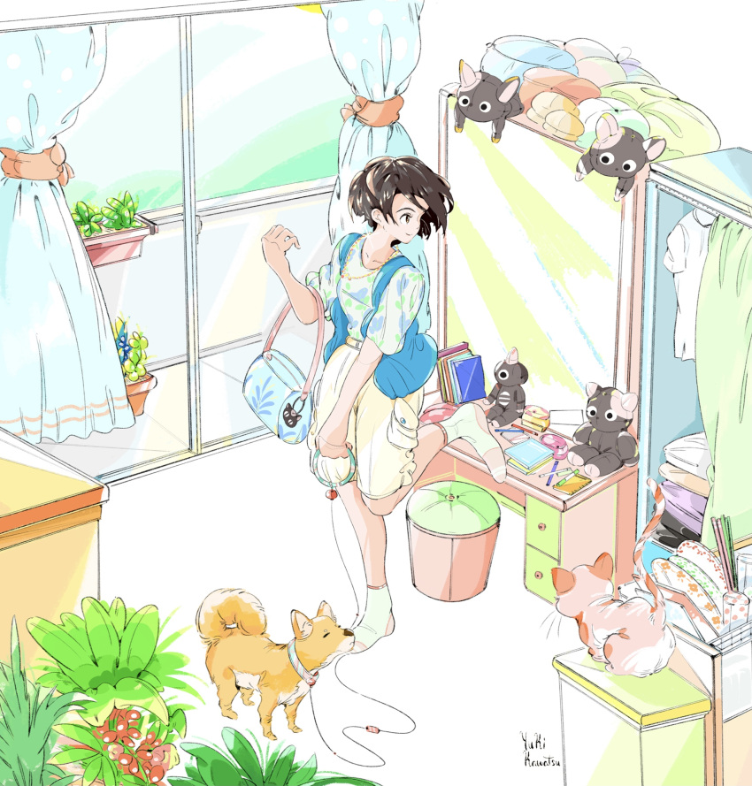 1girl black_hair curtains desk dog hand_up highres indoors kawatsu_yuuki leaf leash leg_up original plant potted_plant print_shirt shirt shirt_tucked_in short_hair short_sleeves shorts signature solo standing wide_shot window yellow_shorts