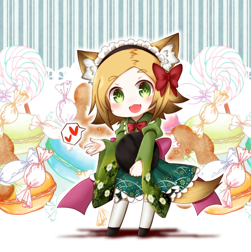 1girl animal_ears back_bow bow bowtie candy chibi fang floral_print food fox_ears fox_tail green_eyes heart holding holding_tray kogitsunemaru_(tenka_hyakken) lace_trim lollipop long_sleeves macaron maid_headdress mikanbako320 open_mouth orange_hair parted_bangs print_skirt red_bow red_bowtie sidelocks skin_fang skirt smile socks solo spoken_heart striped tail tenka_hyakken thick_eyebrows tray vertical_stripes wa_maid white_socks wide_sleeves