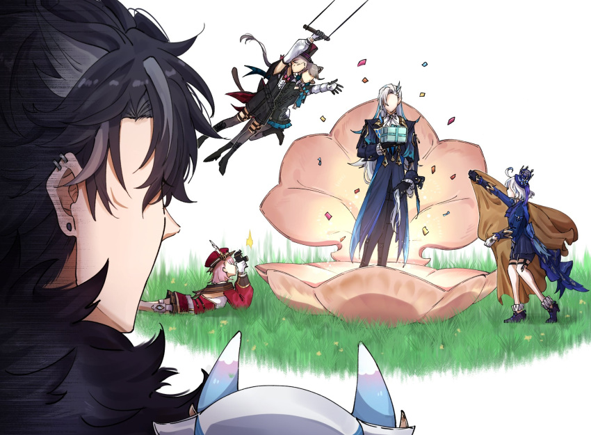 3boys 4girls ahoge animal_ears black_hair blue_hair box camera cat_ears cat_girl cat_tail charlotte_(genshin_impact) coat commentary_request confetti dress ear_piercing earrings faceless faceless_female faceless_male furina_(genshin_impact) genshin_impact gift gift_box grey_hair hanging hat height_difference highres holding holding_camera holding_gift jewelry long_hair long_sleeves looking_at_another lying lynette_(genshin_impact) lyney_(genshin_impact) medium_hair multicolored_hair multiple_boys multiple_girls neuvillette_(genshin_impact) on_stomach pants piercing pink_hair shoes shorts sigewinne_(genshin_impact) standing swinging tail taking_picture two-tone_hair very_long_hair wriothesley_(genshin_impact) yuka_(pixiv38407039)