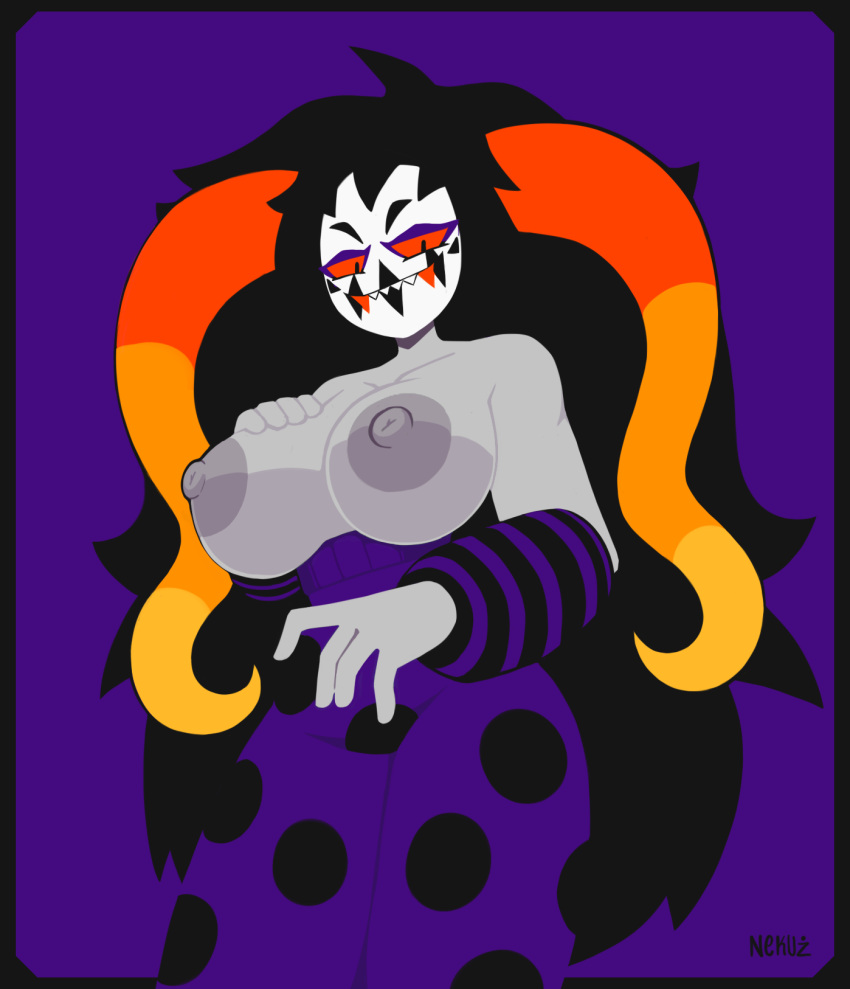 areola big_areola big_breasts black_hair breasts chahut_maenad clothed clothing clown clown_makeup exposed_breasts female grey_body hair hi_res hiveswap homestuck horn juggalo ms_paint_adventures nekuzx red_sclera solo topless webcomic