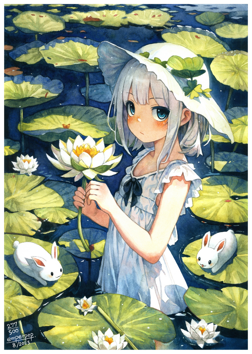 1girl animal blue_eyes blush closed_mouth commentary_request dated dress emperpep flower grey_hair hat highres holding holding_flower lily_pad looking_at_viewer original painting_(medium) partially_submerged rabbit signature solo sun_hat traditional_media water water_lily_flower watercolor_(medium) white_dress white_flower white_headwear