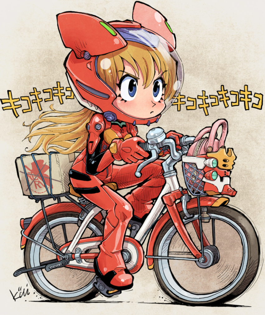 1girl backpack bag bicycle bicycle_basket blue_eyes bodysuit box breasts cardboard_box closed_mouth commentary_request deformed eva_02 evangelion_(mecha) ground_vehicle helmet highres kiichi long_hair long_sleeves looking_ahead medium_breasts neon_genesis_evangelion nerv orange_hair pilot_suit plugsuit red_bodysuit riding riding_bicycle signature skin_tight solo sound_effects souryuu_asuka_langley vehicalization