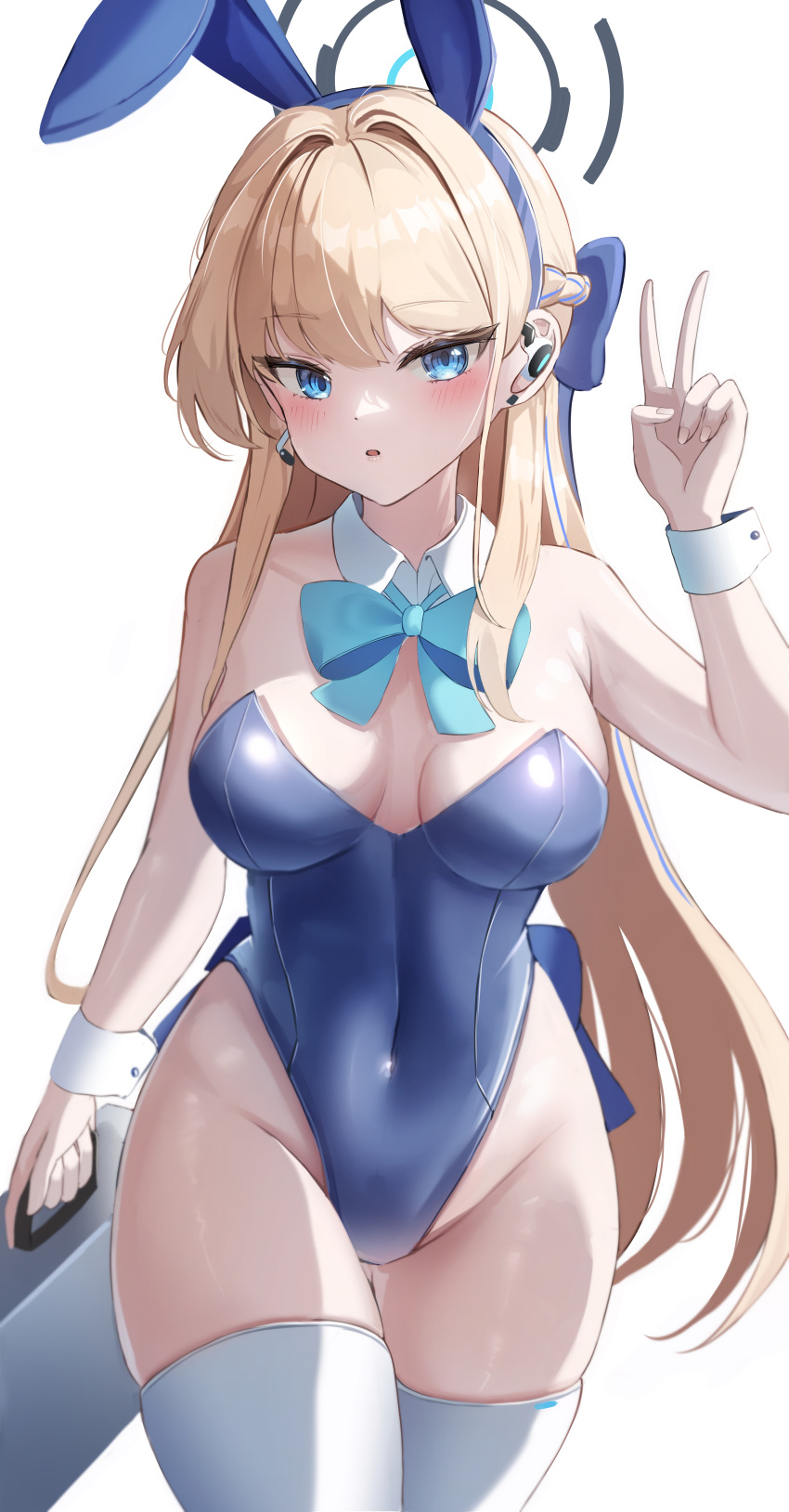 1girl absurdres animal_ears aqua_bow aqua_bowtie bare_shoulders blonde_hair blue_archive blue_bow blue_eyes blue_hair blue_leotard blush bow bowtie braid breasts covered_navel cowboy_shot crown_braid detached_collar earpiece fake_animal_ears hair_bow halo highleg highleg_leotard highres holding_case leotard li_se long_hair looking_at_viewer medium_breasts multicolored_hair official_alternate_costume parted_lips playboy_bunny rabbit_ears simple_background solo strapless strapless_leotard streaked_hair thighhighs toki_(blue_archive) toki_(bunny)_(blue_archive) v white_thighhighs white_wrist_cuffs wrist_cuffs