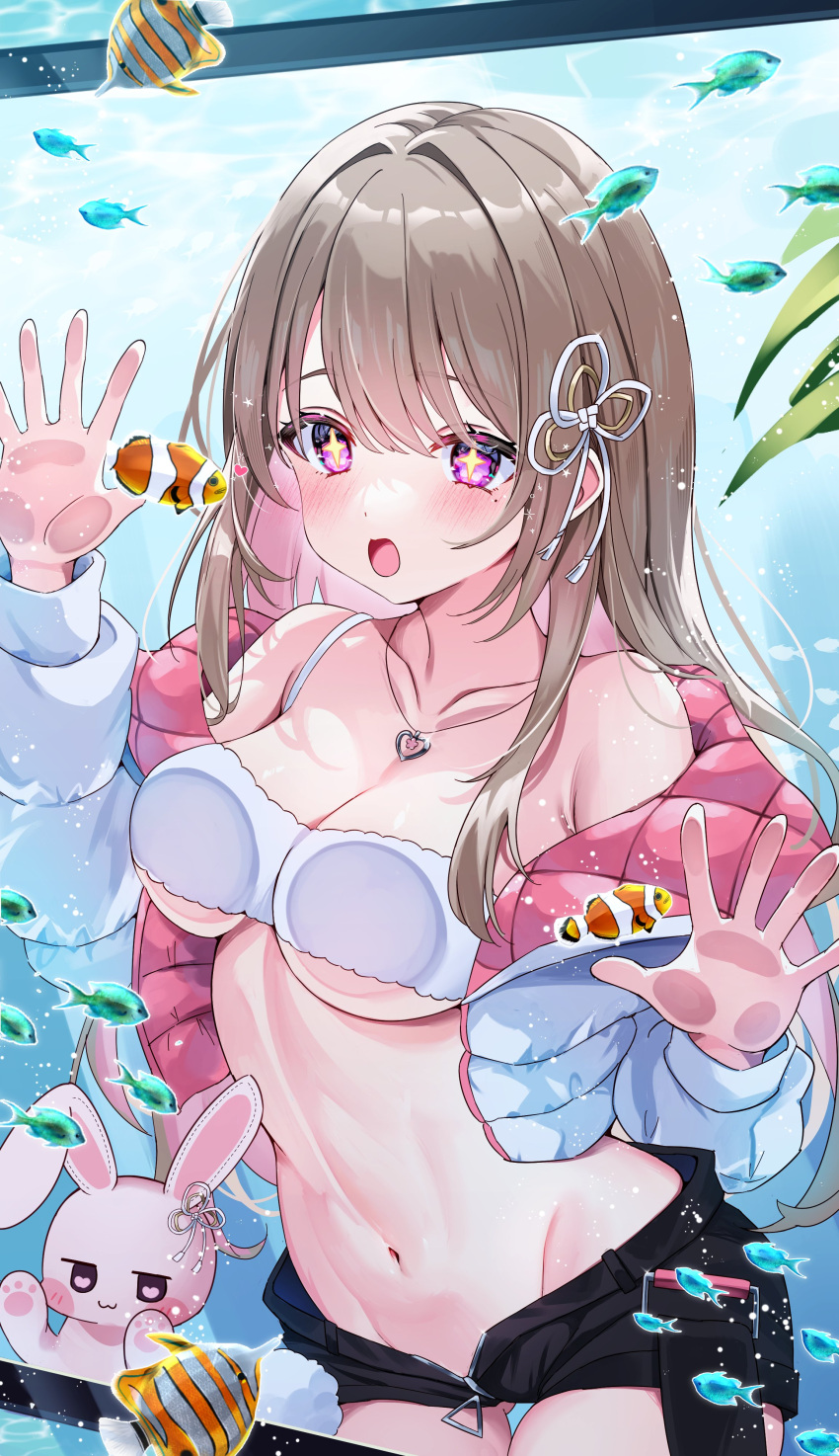 +_+ 1girl :o absurdres against_glass aquarium ayaginu_temari bare_shoulders black_shorts blush breasts brown_hair cleavage collarbone colored_inner_hair commentary_request commission crop_top cropped_jacket eneru_(enepuni) fish hair_ornament heart heart_necklace highres isekai_tensei_shite_v_ni_narimashita jacket jewelry long_hair long_sleeves medium_breasts mole mole_under_eye multicolored_hair navel necklace off_shoulder open_fly pink_hair rabbit short_shorts shorts skeb_commission solo two-sided_fabric two-sided_jacket two-tone_hair underboob virtual_youtuber white_jacket