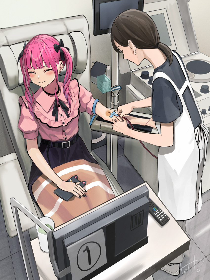 2girls absurdres apron armrest belt black_belt black_choker black_hair black_nails black_ribbon black_shirt black_skirt black_trim blanket blood_donation blunt_bangs blush buttons cellphone choker clenched_hand closed_eyes closed_mouth commentary_request controller cup ear_piercing earrings frilled_shirt frills hair_ribbon highres hinamizawa_hinami holding holding_phone indoors intravenous_drip jewelry jirai_kei leather_belt legs_together long_hair monitor multiple_girls nail_polish neck_ribbon nurse on_lap original outstretched_arm pants parted_bangs phone phone_with_ears piercing pink_hair pink_shirt ponytail puffy_short_sleeves puffy_sleeves remote_control ribbon scared shirt shirt_tucked_in shoes short_sleeves sidelocks sitting skirt smartphone swept_bangs television tetto_(onnoveltet) tube twintails white_apron white_footwear white_pants wide_sleeves