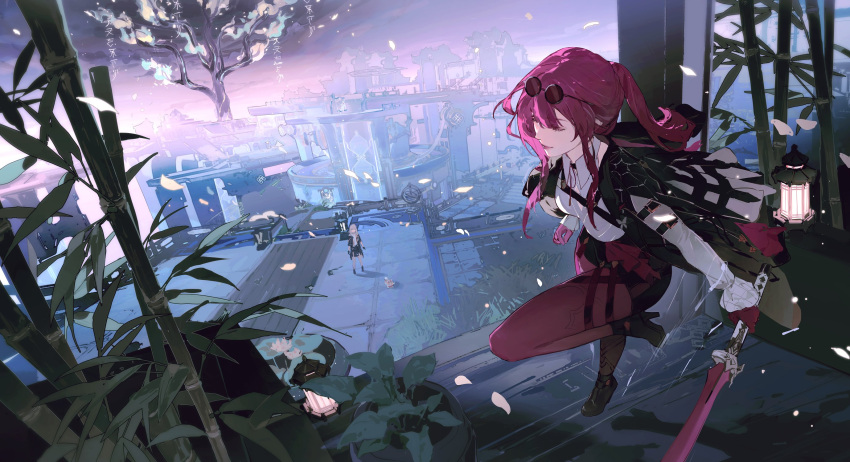 2girls arm_belt bamboo black_footwear black_gloves black_jacket black_shorts boots building chest_harness closed_eyes closed_mouth cloud collared_shirt english_commentary falling_petals flower gloves grass grey_hair hair_between_eyes harness high-waist_shorts highres holding holding_sword holding_weapon honkai:_star_rail honkai_(series) house jacket kafka_(honkai:_star_rail) lamp leaf lipstick long_hair long_sleeves looking_at_another makeup medium_hair multiple_girls outdoors pantyhose pantyhose_under_shorts petals plant ponytail purple_gloves purple_hair purple_lips purple_pantyhose purple_sky round_eyewear shadow shirt shorts sidelocks single_thigh_boot sky smile standing standing_on_one_leg stelle_(honkai:_star_rail) sunglasses sword thigh_boots trailblazer_(honkai:_star_rail) tree weapon white_petals white_shirt yueko_(jiayue_wu)